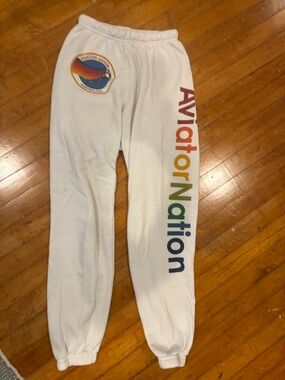 Aviator Nation White Aspen Colorado Sweatpants with Rainbow Logo and Side Script